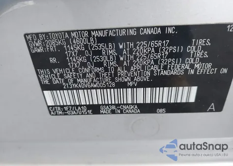 2010 Toyota Rav4 Limited V6 z USA, uszkodzony, nr VIN 2T3YK4DV6AW005128